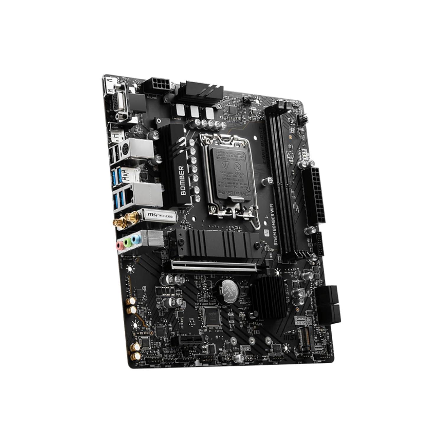 لوحة أم MSI B760M BOMBER WIFI، Micro-ATX - تدعم معالجات Intel Core من الجيل 14/13/12، مقبس LGA 1700 - تعزيز ذاكرة DDR5 بسرعة 6400 ميجاهرتز/كحد أقصى، فتحة PCIe 4.0 x16، فتحة M.2 Gen4