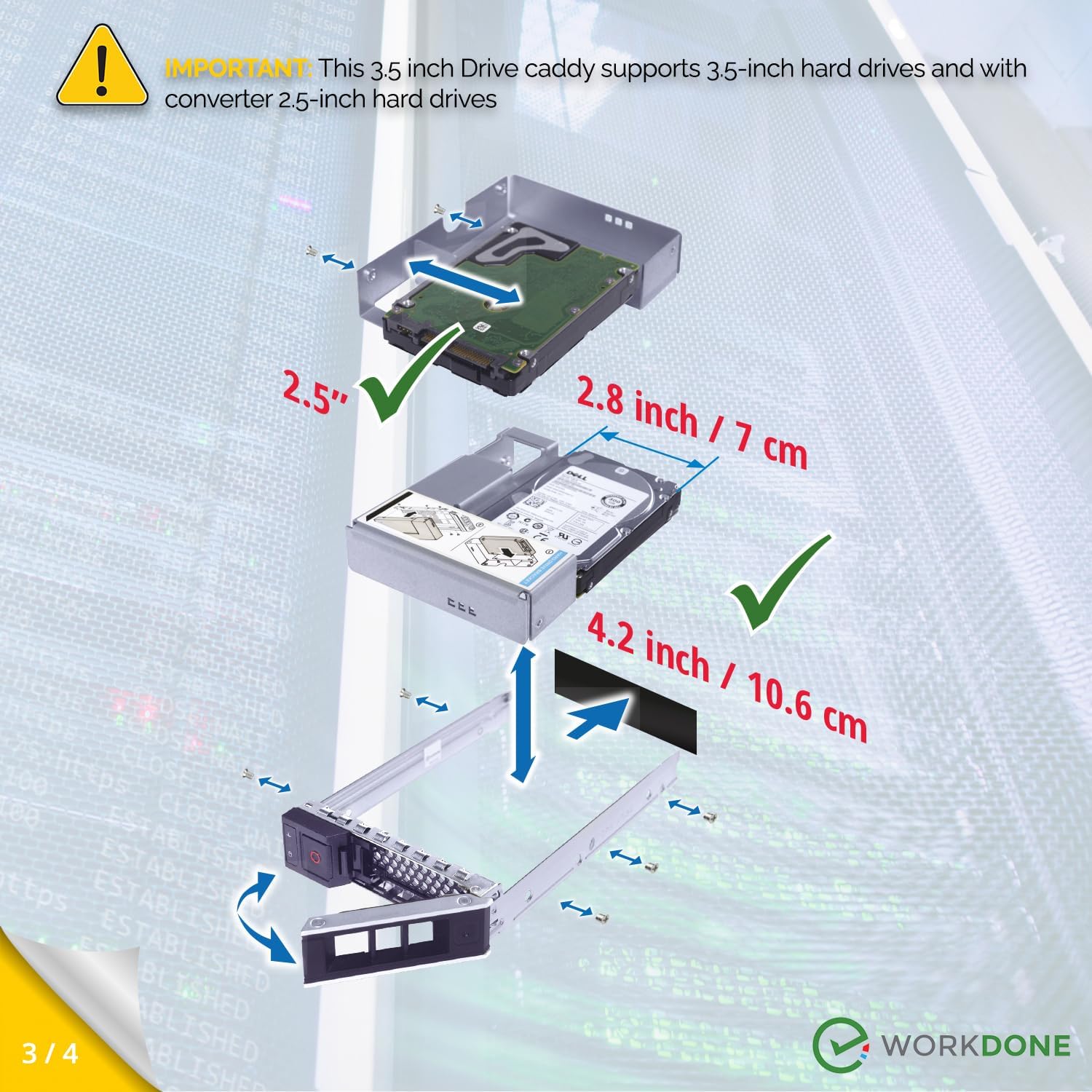 حامل أقراص صلبة Dell 3.5" مع محول 2.5" لخوادم Dell PowerEdge R740xd2/R7415/R7425/R6415 – صينية LED ساطعة، دليل إعداد