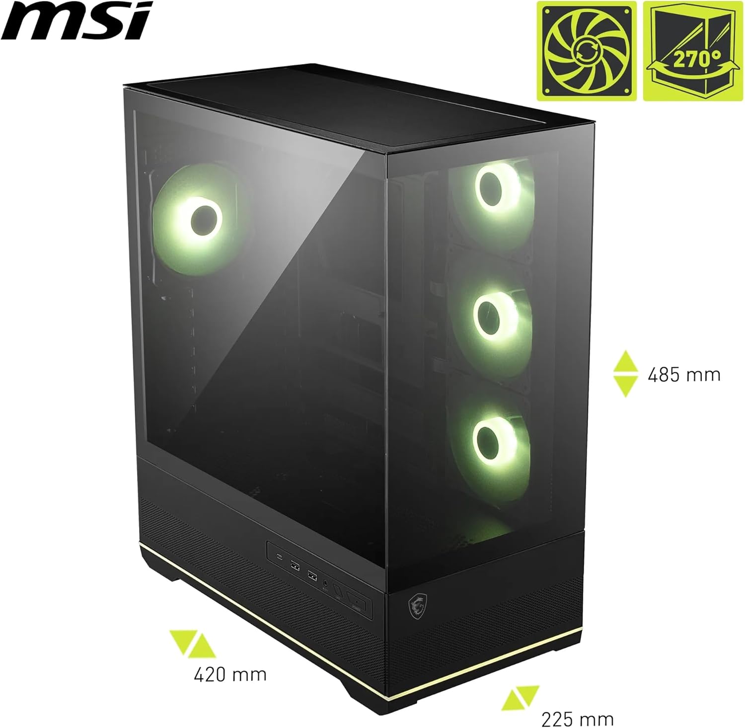 MSI MAG PANO 110R PZ – 270° Panoramic Mid-Tower ATX Case, 400 mm GPU / 160 mm CPU Cooler, USB-C 20 Gbps, 4 ARGB Fans