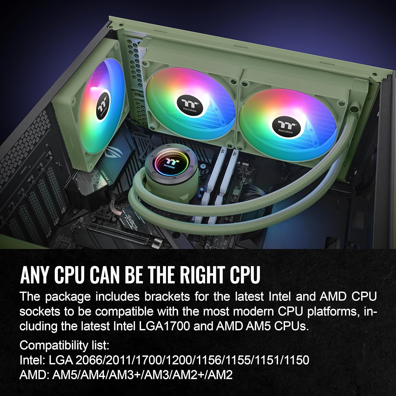 مبرد سائل Thermaltakte TH280 V2 ARGB SyncAlO، مروحة 140 مم، 2PWM، 500~1800 دورة في الدقيقة، كتلة مياه مرآة، تحكم مزامنة MB ARGB، لون أخضر متناسق