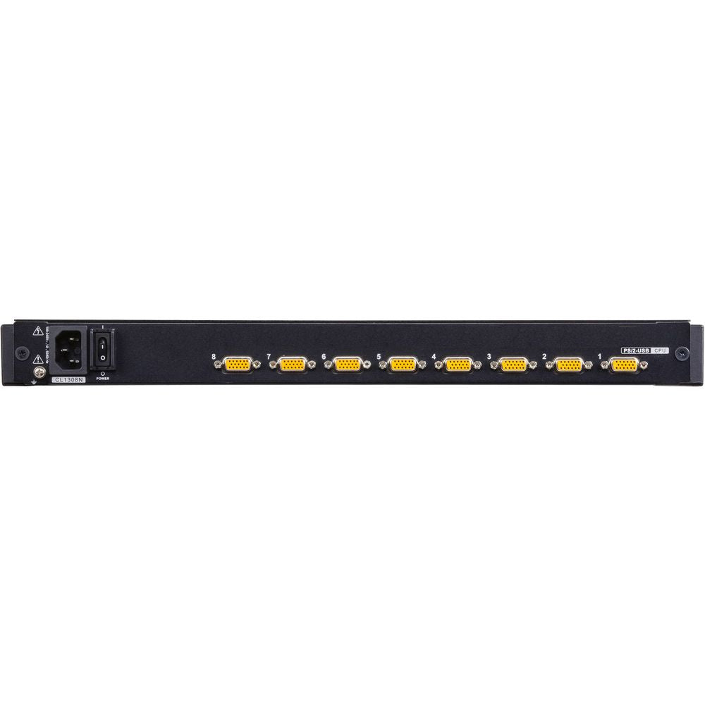 مفتاح KVM LCD أحادي السكة من ATEN بثمانية منافذ مع شاشة بإضاءة خلفية LED مقاس 19 بوصة، يدعم PS/2 وUSB، ويتصل حتى 128 جهاز كمبيوتر، ويمكن تركيبه على الرف مع محولات