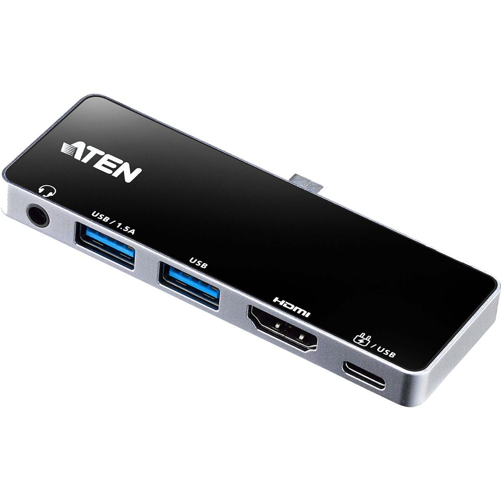 قاعدة سفر ATEN UH3238 USB-C 5 في 1 مع HDMI بدقة 4K، وممر طاقة، وصوت، وUSB 3.2، ومتوافقة مع أنظمة Windows وmacOS وiPad وAndroid