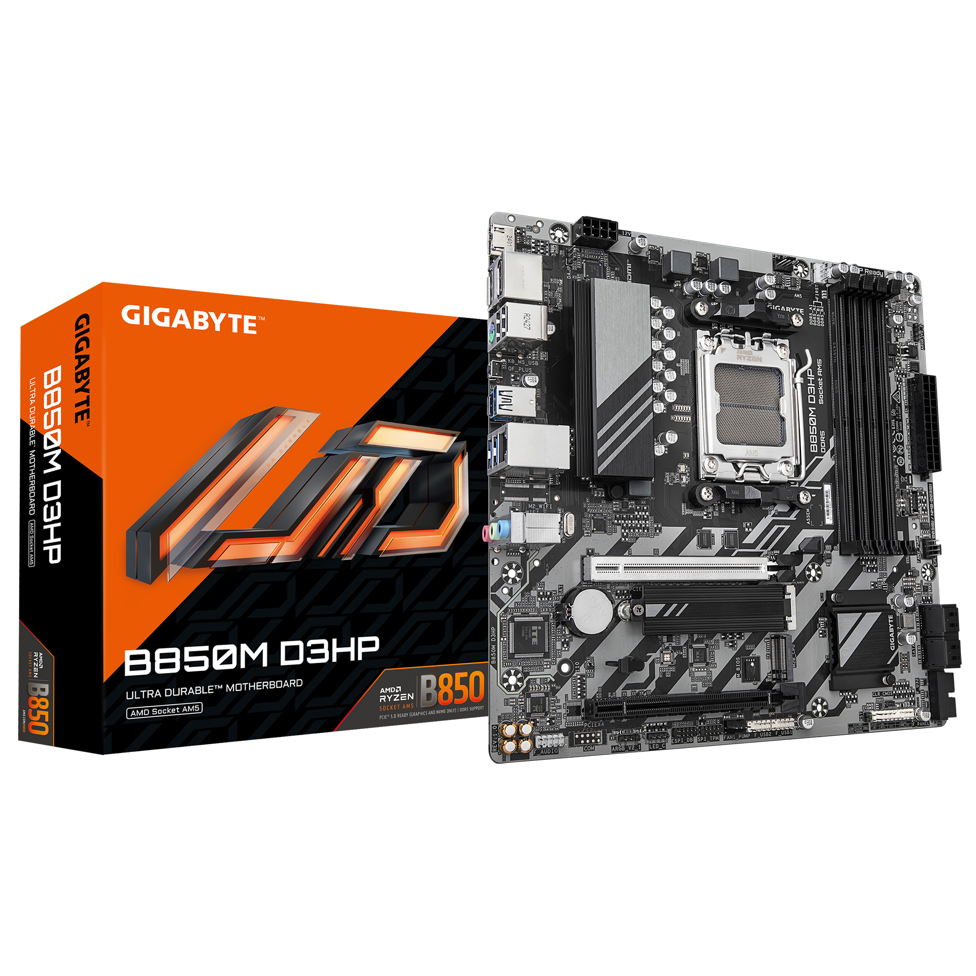 اللوحة الأم Gigabyte B850M D3HP mATX – مقبس AM5، ذاكرة DDR5 حتى 9,066 MT/s OC، دعم PCIe 5.0/M.2، X3D Turbo، جاهزية Wi-Fi، دعم شاشتين