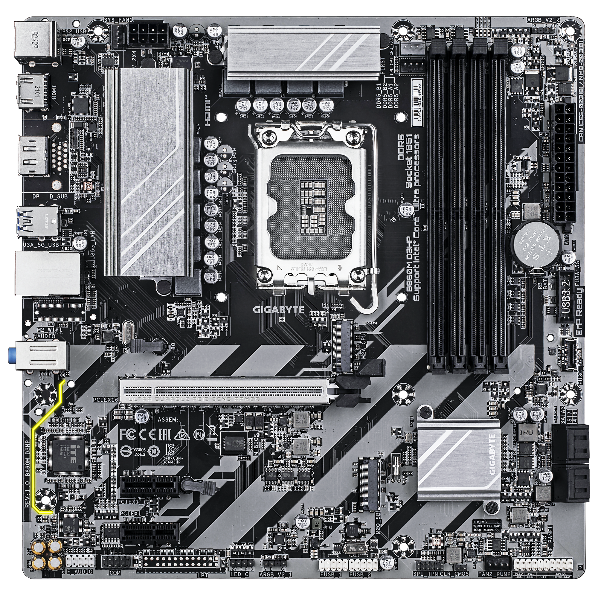 Gigabyte B860M D3HP mATX Motherboard – LGA 1851, DDR5 up to 9,066 MT/s (OC), PCIe 5.0, USB‑C Gen1, Gigabit LAN & AI-Driven BIOS