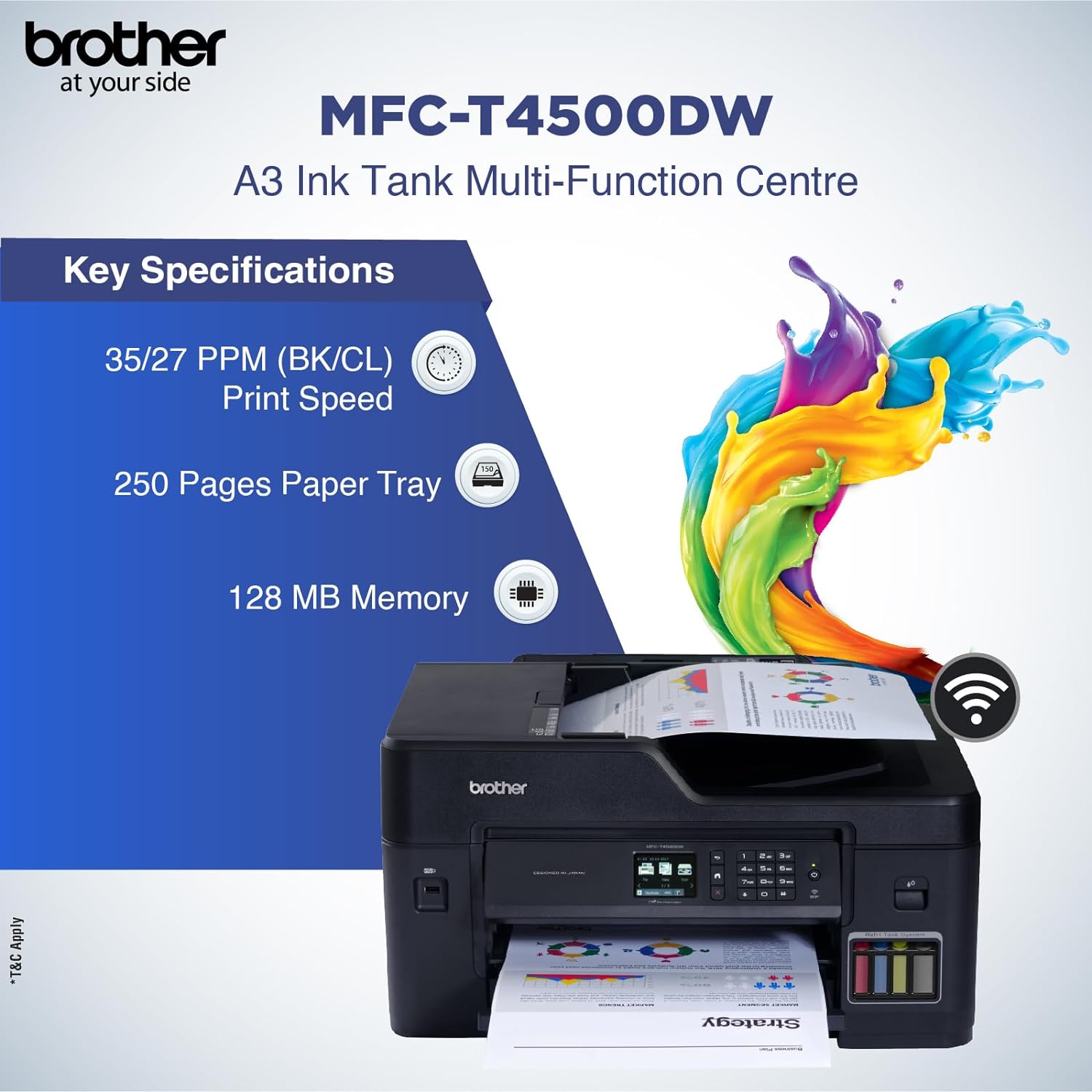 طابعة Brother MFC-T4500DW A3 الكل في واحد بنظام إعادة تعبئة خزان الحبر مع خدمة الواي فاي والطباعة التلقائية على الوجهين