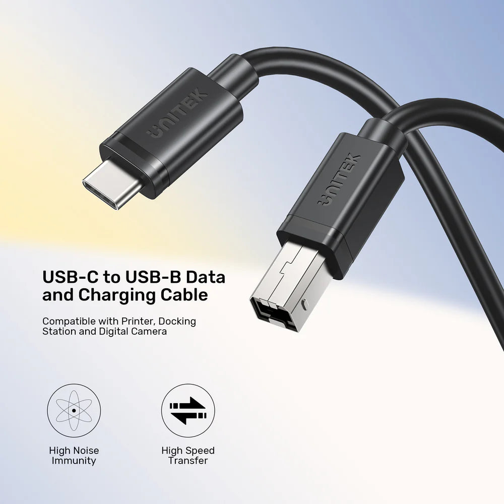 UNITEK USB-C to USB-B Data & Charging Cable – 480Mbps, Triple EMI Shielding, PVC Jacket Compatible with Printers, Scanners & Audio Gear