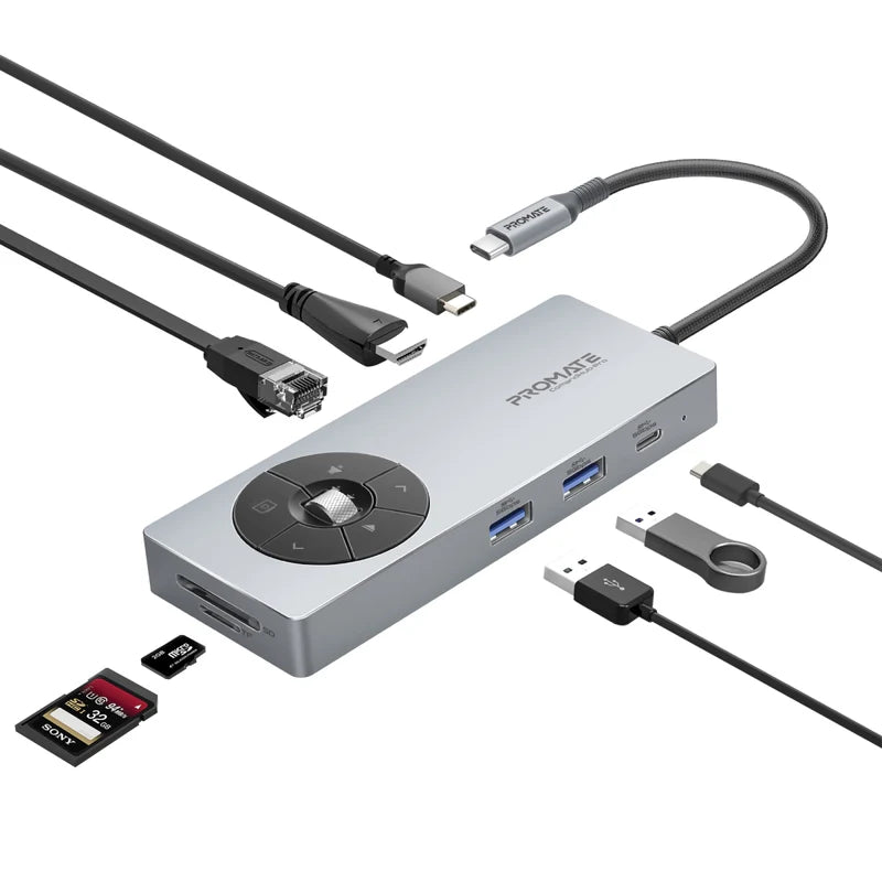 Promate ComandHub‑Pro محور USB‑C متعدد الوظائف 14 في 1 – مدخل طاقة 100 واط PD، منفذ HDMI بدقة 4K@60Hz، إيثرنت جيجابت، منفذا USB‑A/C بسرعة 5 جيجابت/ثانية، قارئا بطاقات SD+TF، قرص تحكم متعدد الوسائط