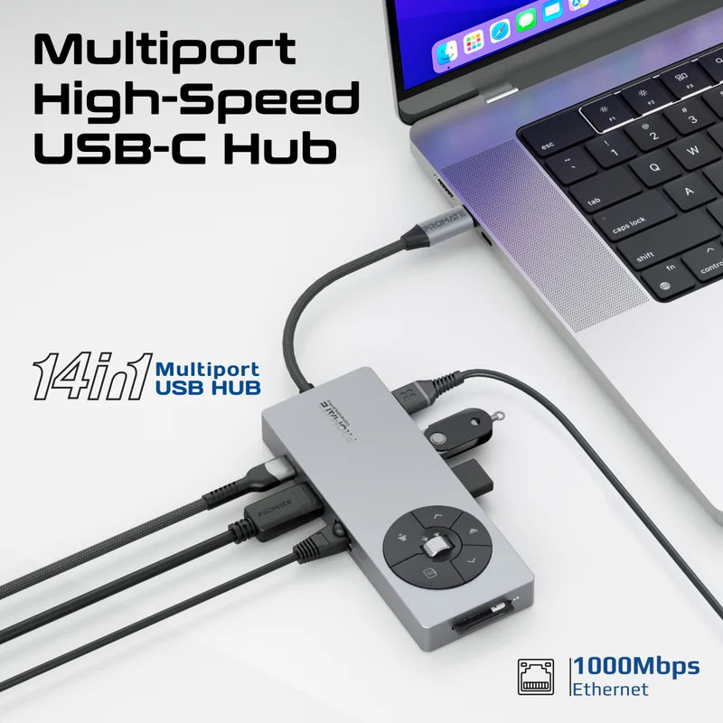 Promate ComandHub‑Pro محور USB‑C متعدد الوظائف 14 في 1 – مدخل طاقة 100 واط PD، منفذ HDMI بدقة 4K@60Hz، إيثرنت جيجابت، منفذا USB‑A/C بسرعة 5 جيجابت/ثانية، قارئا بطاقات SD+TF، قرص تحكم متعدد الوسائط