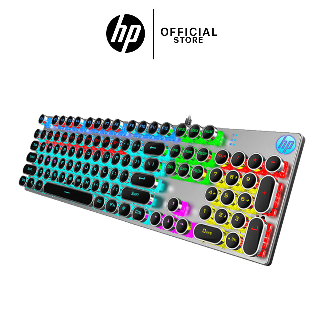 لوحة مفاتيح HP GK400Y الميكانيكية للألعاب بإضاءة RGB خلفية، مفاتيح زرقاء، خاصية منع التداخل، ولوحة معدنية – اتصال سلكي عبر USB