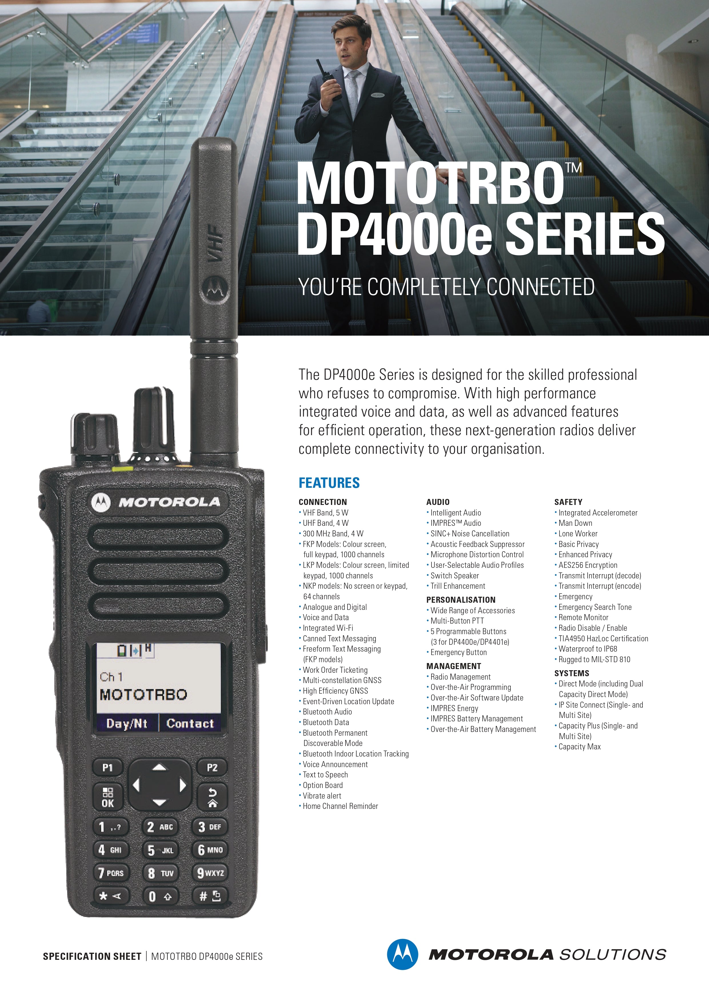 MOTOROLA MOTOTRBO DP4000e Series Digital Two-Way Radios, VHF/UHF, Up to 1000 Channels, IP68, GPS, Bluetooth, Wi-Fi
