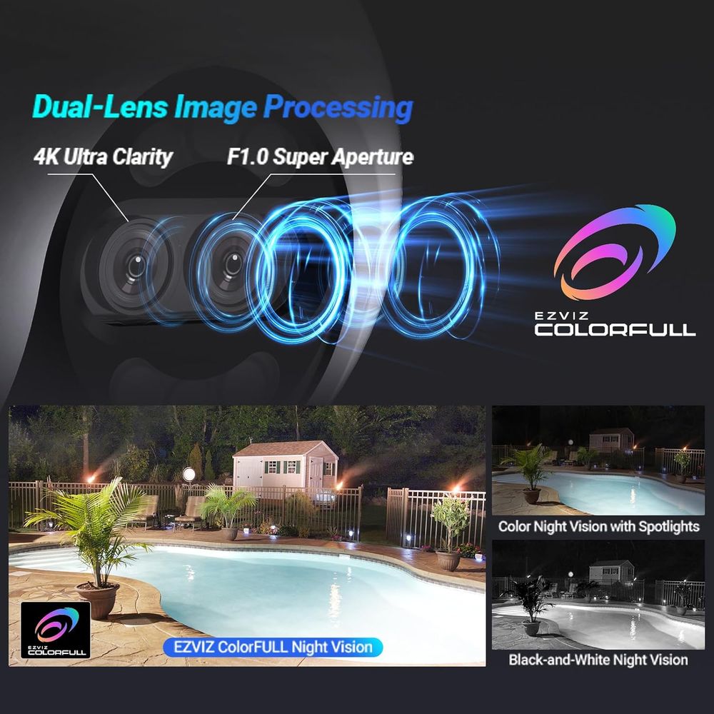 كاميرا EZVIZ H80x مزدوجة 4K Pan & Tilt Wi-Fi، رؤية ليلية ملونة كاملة، تتبع تلقائي، اكتشاف الذكاء الاصطناعي، عرض 360 درجة، محادثة ثنائية الاتجاه، IP65، microSD/Cloud