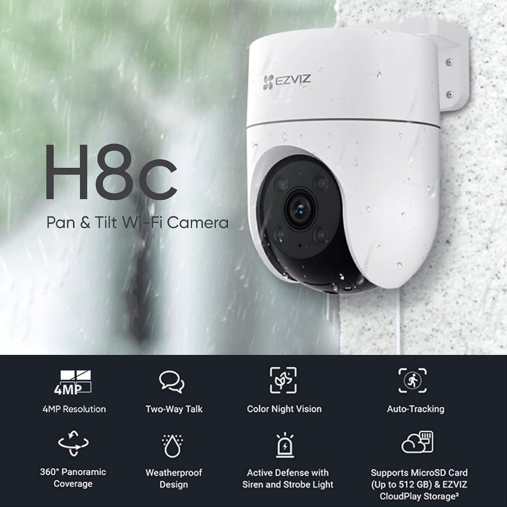 كاميرا EZVIZ H8c الخارجية بدقة 4 ميجابكسل مع خاصية Pan & Tilt وخاصية Wi-Fi واكتشاف الإنسان بالذكاء الاصطناعي ورؤية ليلية ملونة وتتبع التكبير التلقائي والدفاع النشط