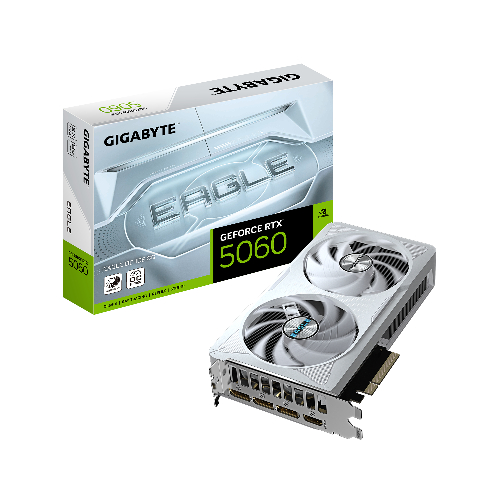 بطاقة الرسومات Gigabyte RTX 5060 EAGLE OC ICE 8G - ذاكرة GDDR7 سعة 8 جيجابايت، وتردد 2,550 ميجاهرتز، ومنفذ PCIe 5.0، وتبريد WINDFORCE ثنائي المروحة