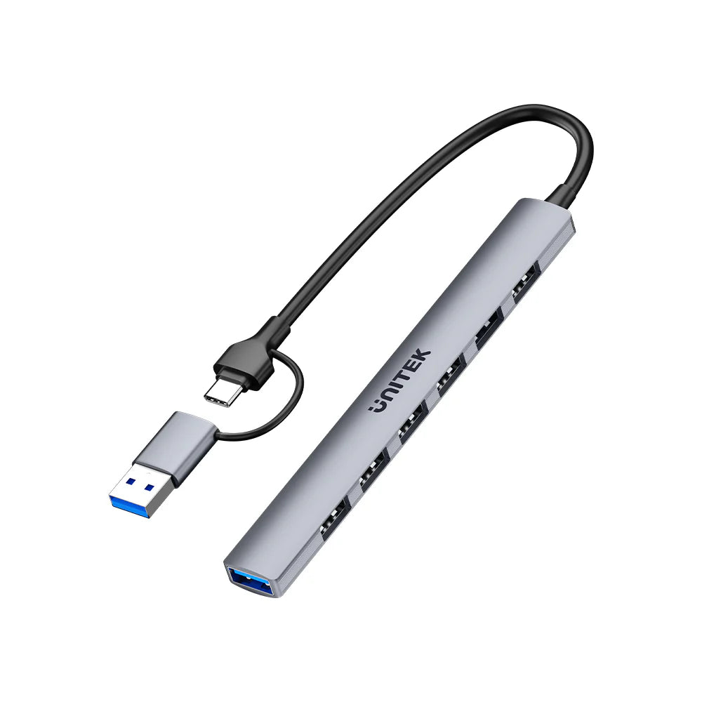 Unitek uHUB S7 7-in-1 USB Hub – 1x USB-A 5Gbps - 6x USB-A 480Mbps - USB-C Input with USB-A Adapter - Aluminum Alloy - Compact Design - Plug & Play