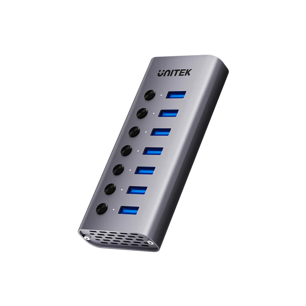 UNITEK 7-Port USB 3.0 Hub with Individual Power Switches – 5Gbps, 2.4A Fast Charging, USB-A & USB-C Input, Aluminium Alloy, 12V/2A Power Adapter