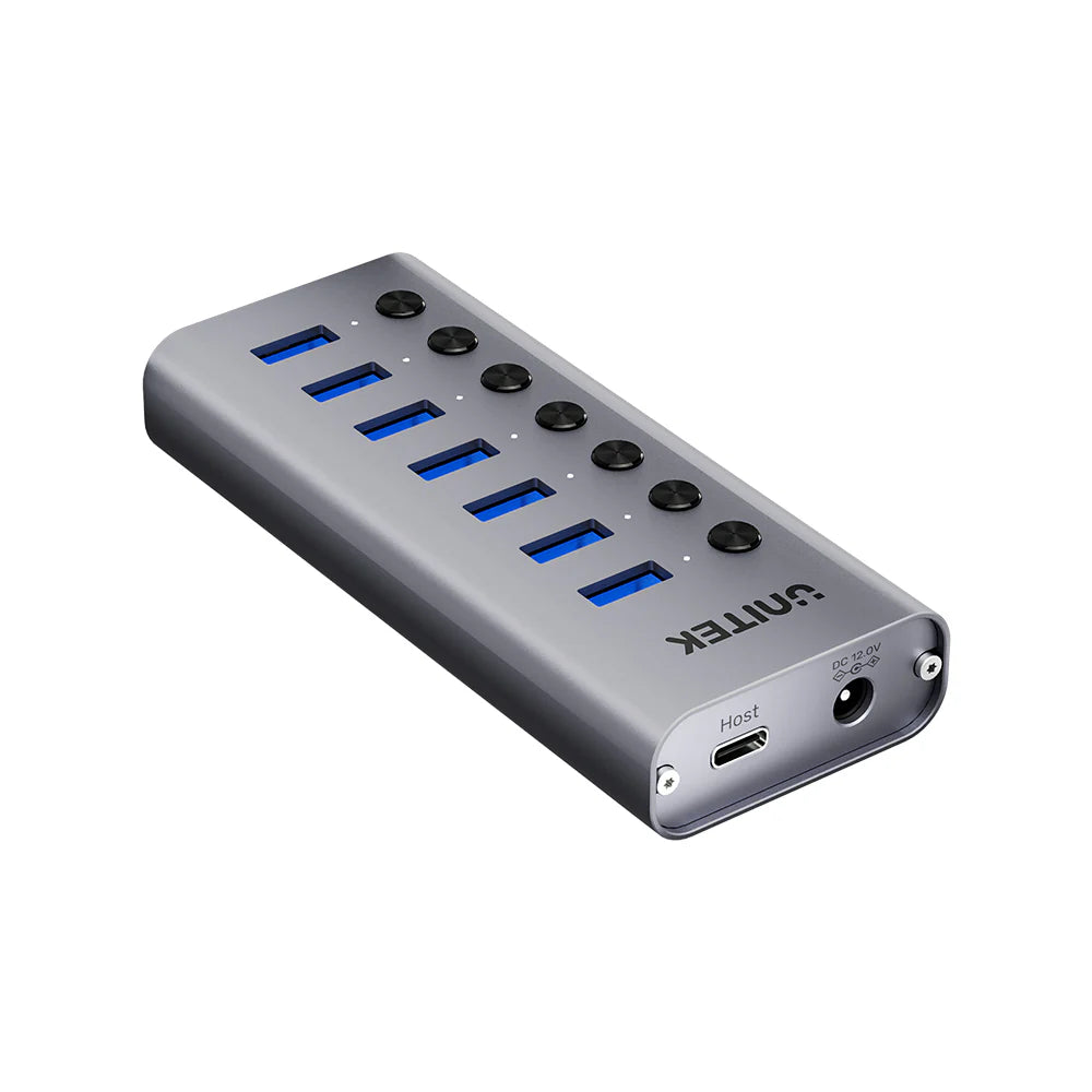 UNITEK 7-Port USB 3.0 Hub with Individual Power Switches – 5Gbps, 2.4A Fast Charging, USB-A & USB-C Input, Aluminium Alloy, 12V/2A Power Adapter