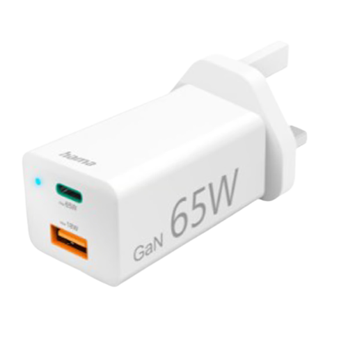 Hama UK Fast Charger, USB-C, PD / Qualcomm® / GaN, Mini-Charger, 65 W, white
