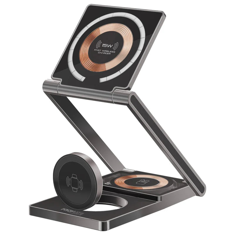 Promate LucidFold-Trio Ultra-Slim Transparent Foldable 15W MagSafe Compatible Wireless Charging Station