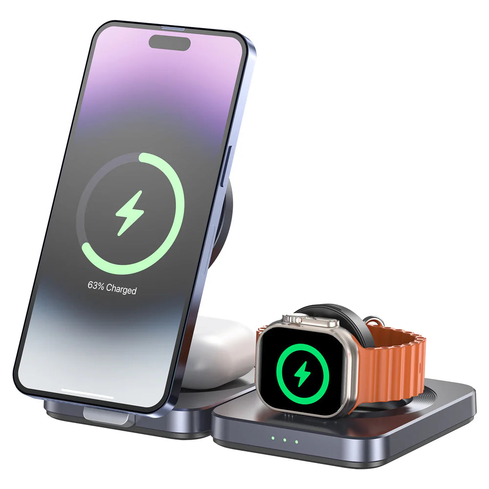Unitek Qi2 Foldable 3-in-1 Wireless Charging Station – 15W MagSafe for iPhone - 5W for AirPods - 2.5W for Apple Watch - Compact Travel Stand - Model P1300AGY01