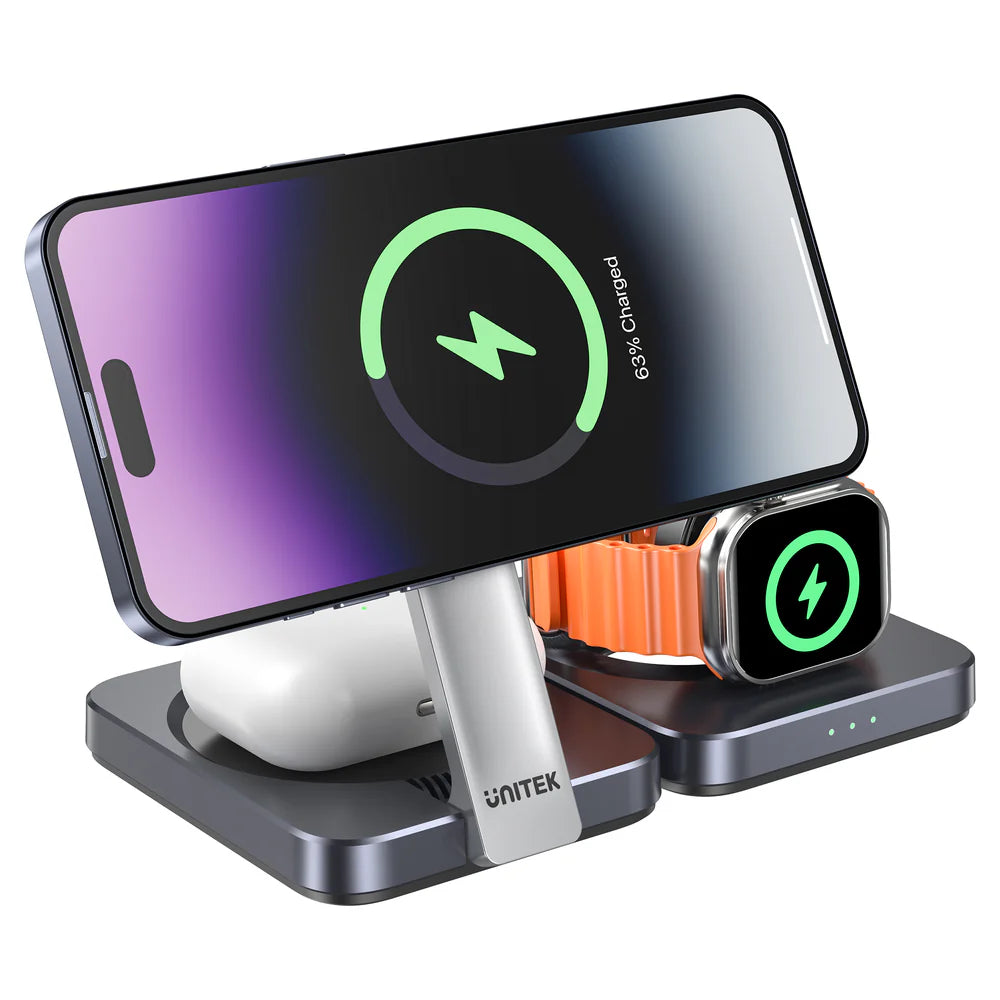Unitek Qi2 Foldable 3-in-1 Wireless Charging Station – 15W MagSafe for iPhone - 5W for AirPods - 2.5W for Apple Watch - Compact Travel Stand - Model P1300AGY01