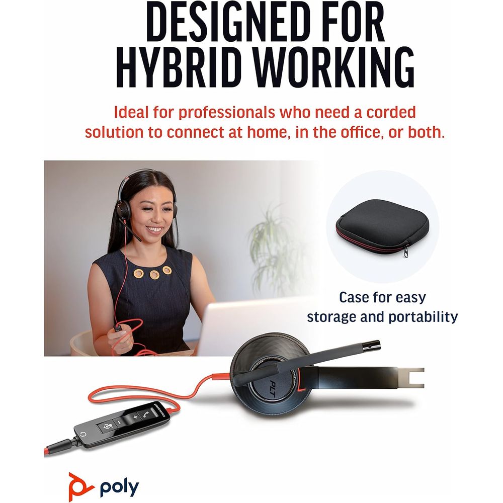 بولي - سماعة رأس بلاك واير 5220 USB A+USB C+3.5MM - سماعة رأس سلكية مزدوجة الأذن (ستيريو) للكمبيوتر مع ميكروفون بوم