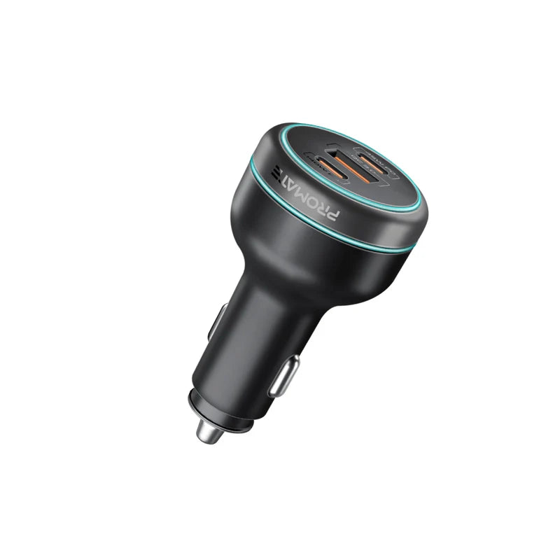 Promate PowerDrive-230 230W RapidCharge Car Charger – Dual USB-C PD & USB-A QC3.0, 12-24 V Input