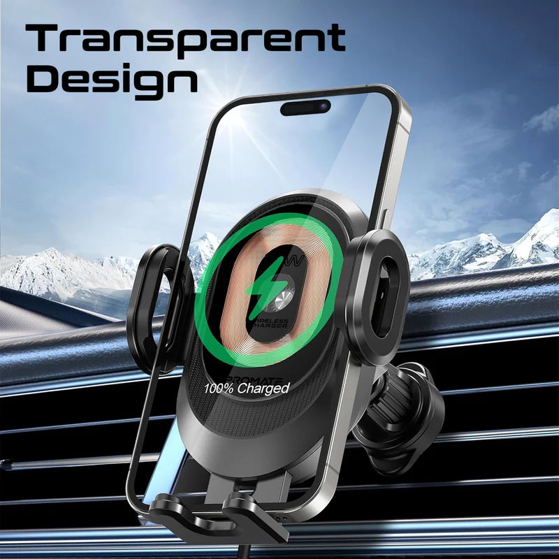 Promate PowerMount-2 15W Auto Clamping Car Wireless Charger – Transparent Design, Qi-Certified, Case-Friendly, Includes Air Vent & Gooseneck Mounts