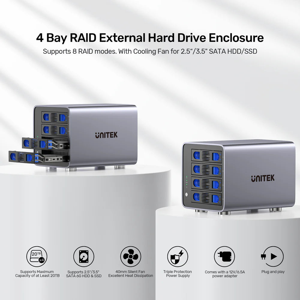 Unitek 4-Bay RAID External Hard Drive Enclosure – USB 3.0 (5 Gbps) & eSATA Support, 8 RAID Modes, Aluminum, 80 TB, Cooling Fan