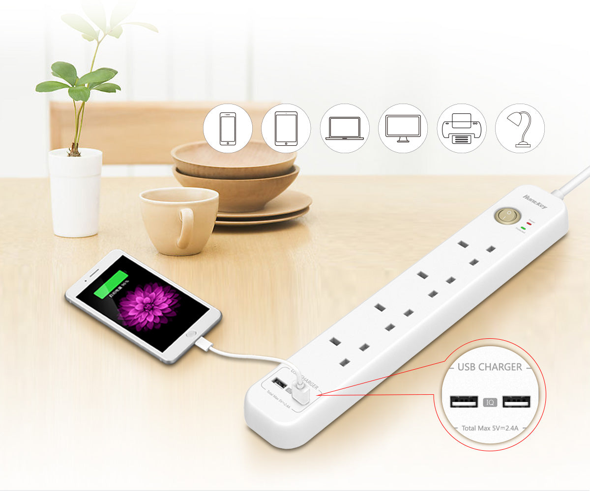شريط طاقة هانتكي SUC507: 4 منافذ المملكة المتحدة، منفذا USB (2.4 أمبير)، حماية من زيادة التيار، مصاريع أمان للأطفال، مقاوم للهب، سلك بطول 2 متر