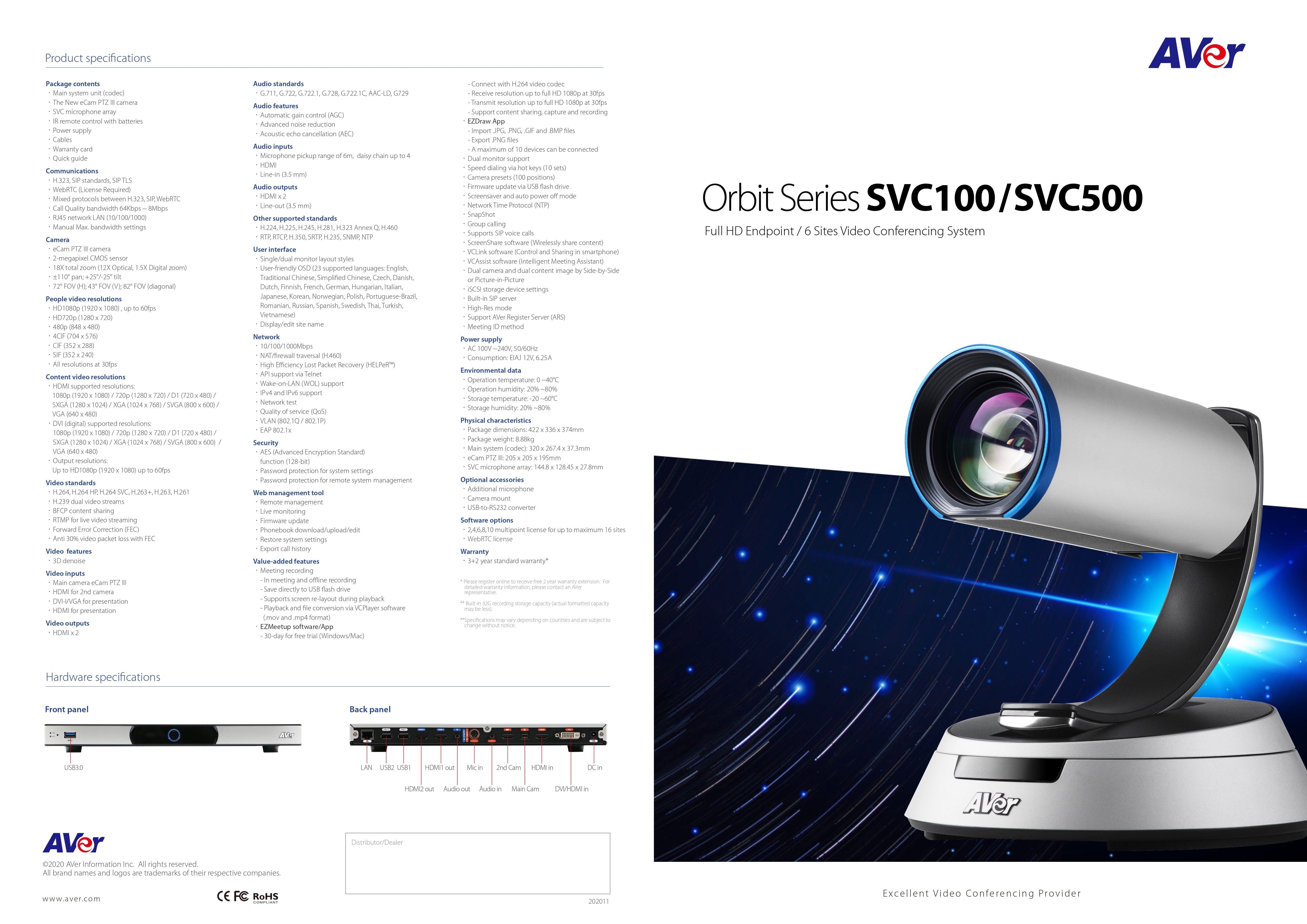 AVer SVC100/SVC500 Full HD Video Conferencing System with PTZ Camera, 6-Site MCU, WebRTC/SIP/H.323, Content Sharing & Recording