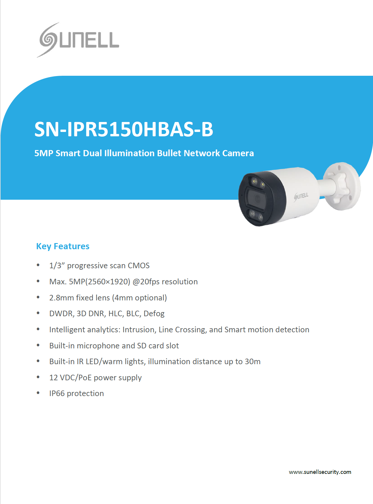 Sunell 5MP Smart Dual Illumination Bullet Network Camera with AI Detection