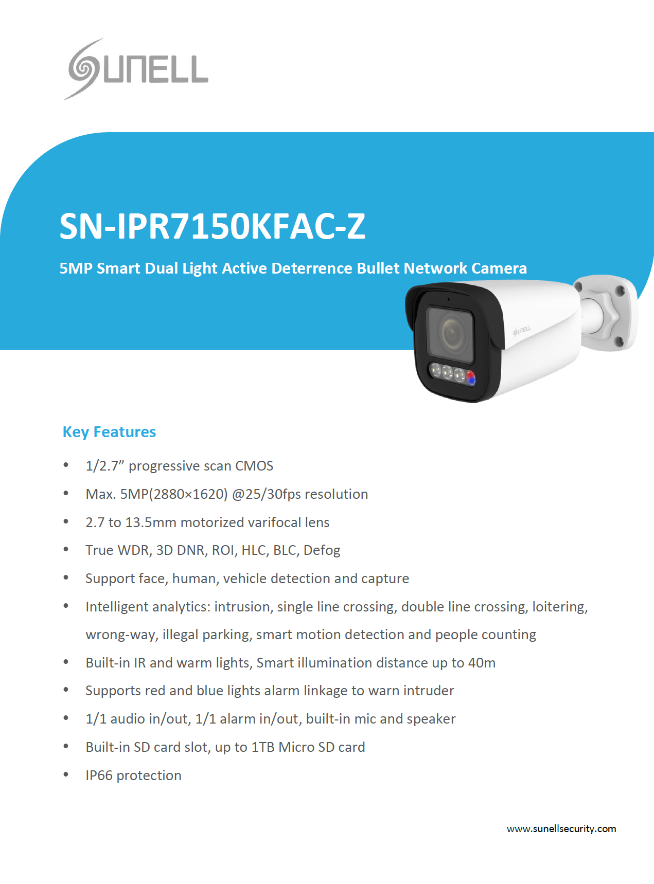 Sunell 5MP Smart Dual Light Active Deterrence Bullet Network Camera with AI Detection