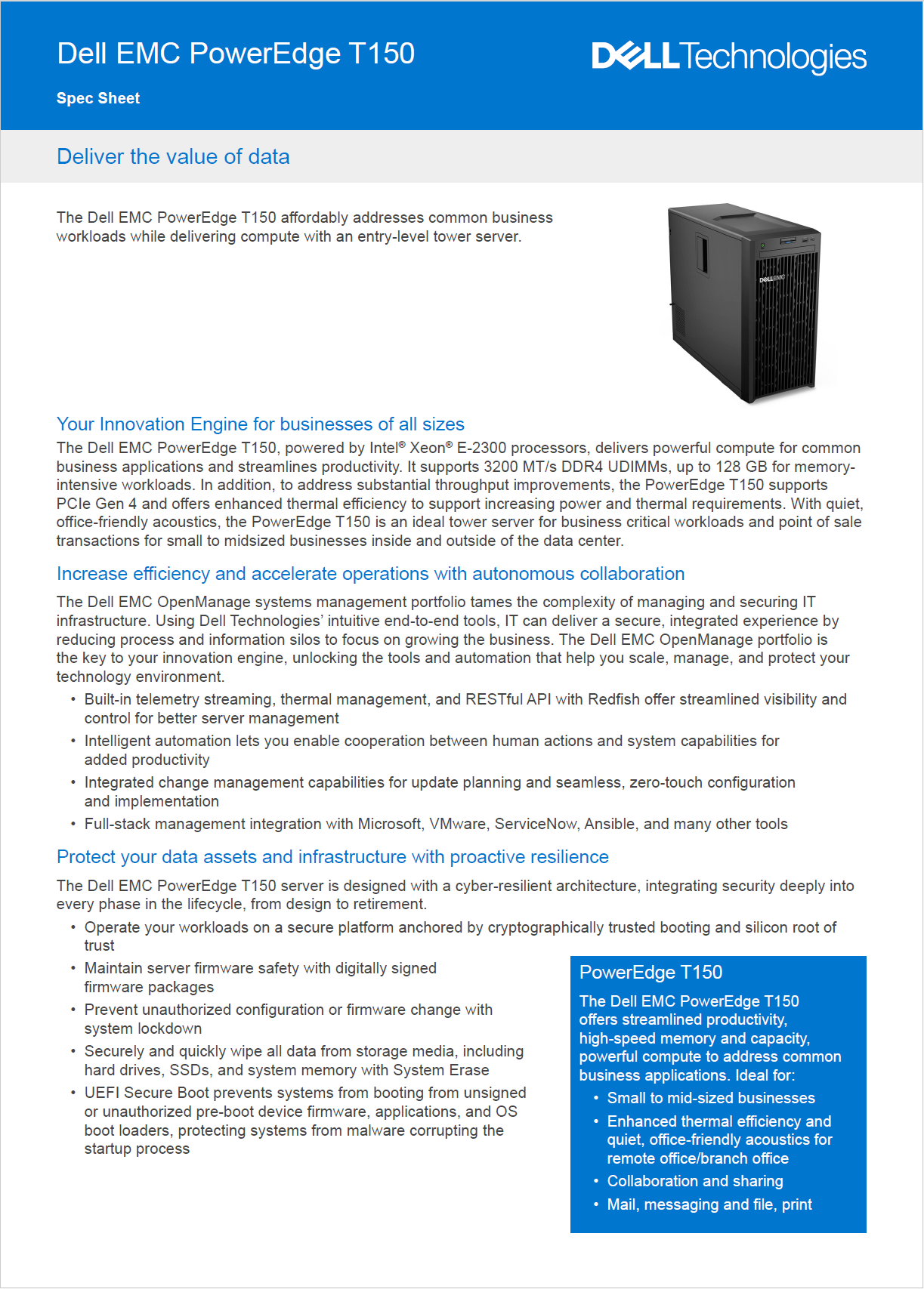 خادم برج Dell PowerEdge T150 بمعالج Xeon E2314 بسرعة ٢٫٨ جيجاهرتز رباعي النواة، ذاكرة ١٦ جيجابايت ECC DDR4، قرص صلب ٢ تيرابايت