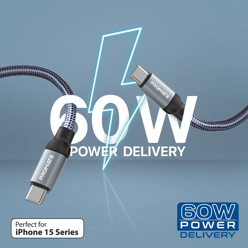 Promate Springy 60W Magnetic USB-C Cable – 1.2m, Power Delivery, 480Mbps Data Transfer, Self-Organizing Design, Nylon Braided