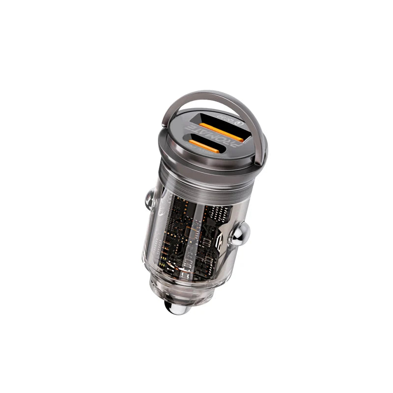 Promate 65W RapidCharge™ Transparent Mini Car Charger with Power Delivery & QC 3.0