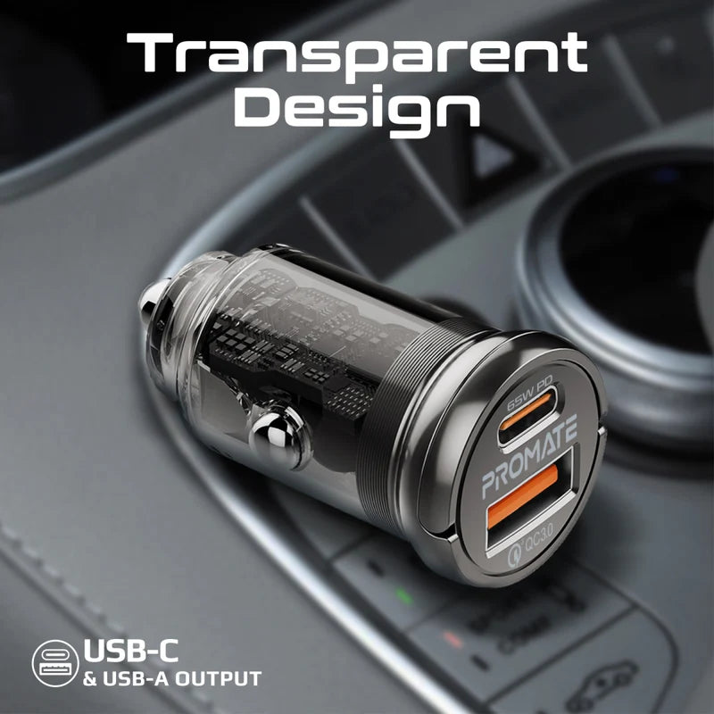 Promate 65W RapidCharge™ Transparent Mini Car Charger with Power Delivery & QC 3.0