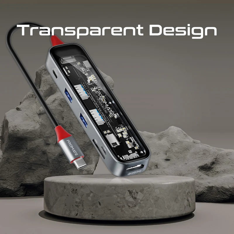 Promate 7-in 1 Transparent Multiport Slim USB-C Hub with 100W Power Delivery