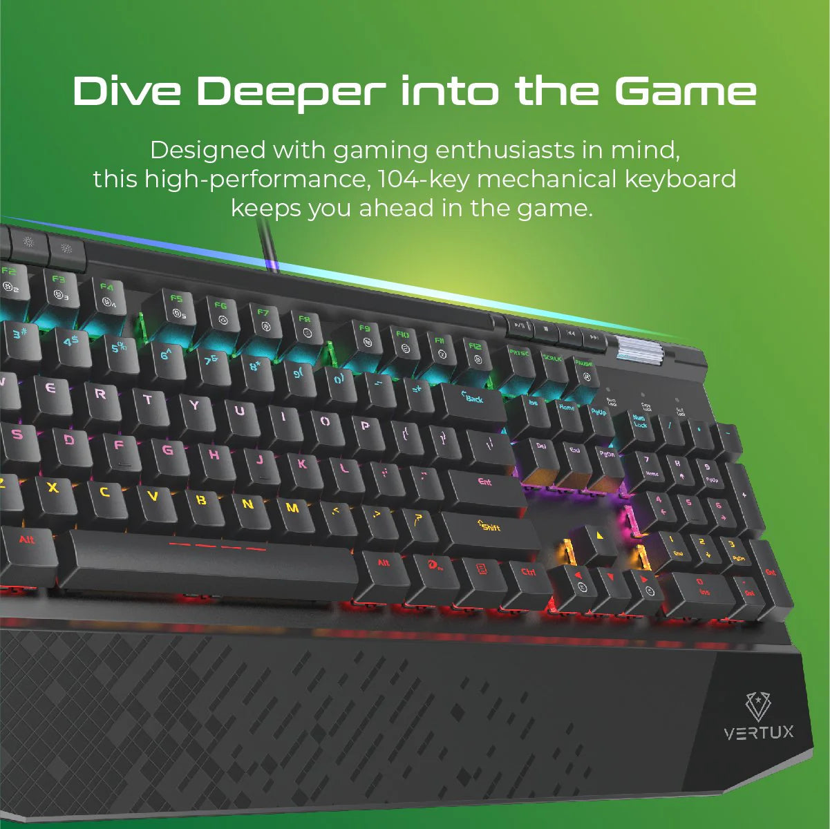 Vertux Tungsten Hyper Action Mechanical Gaming Keyboard – Black Switches, Rainbow LED Backlight, 50 Million Keystrokes.EN/AR