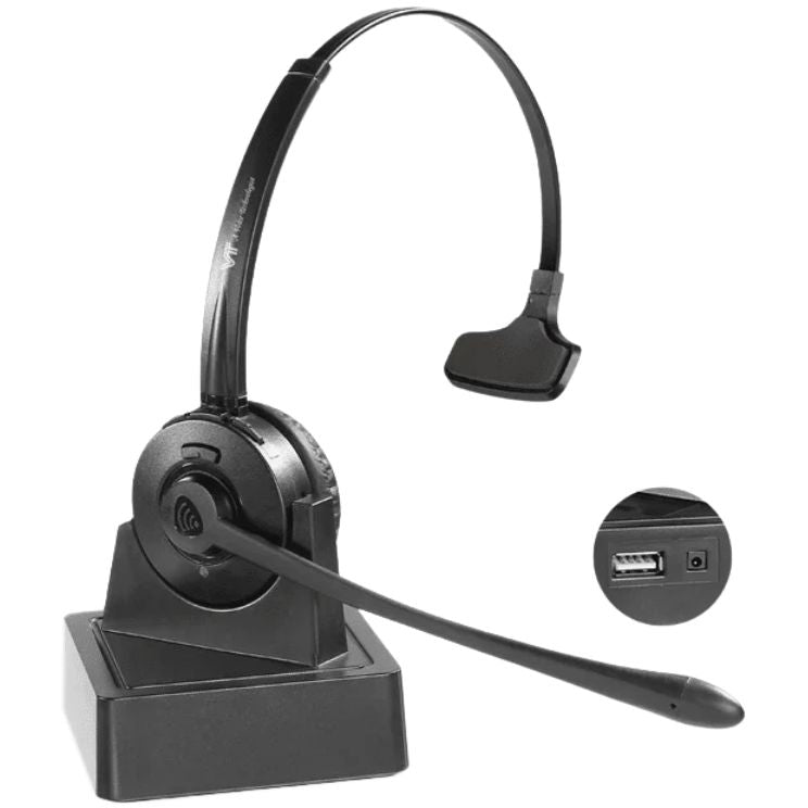 VT VT9603BT Mono Bluetooth Headset with Charging Base, 21h Talk Time, 30m Range, Noise-Canceling Mic, for Office, PC, Mobile & Softphone