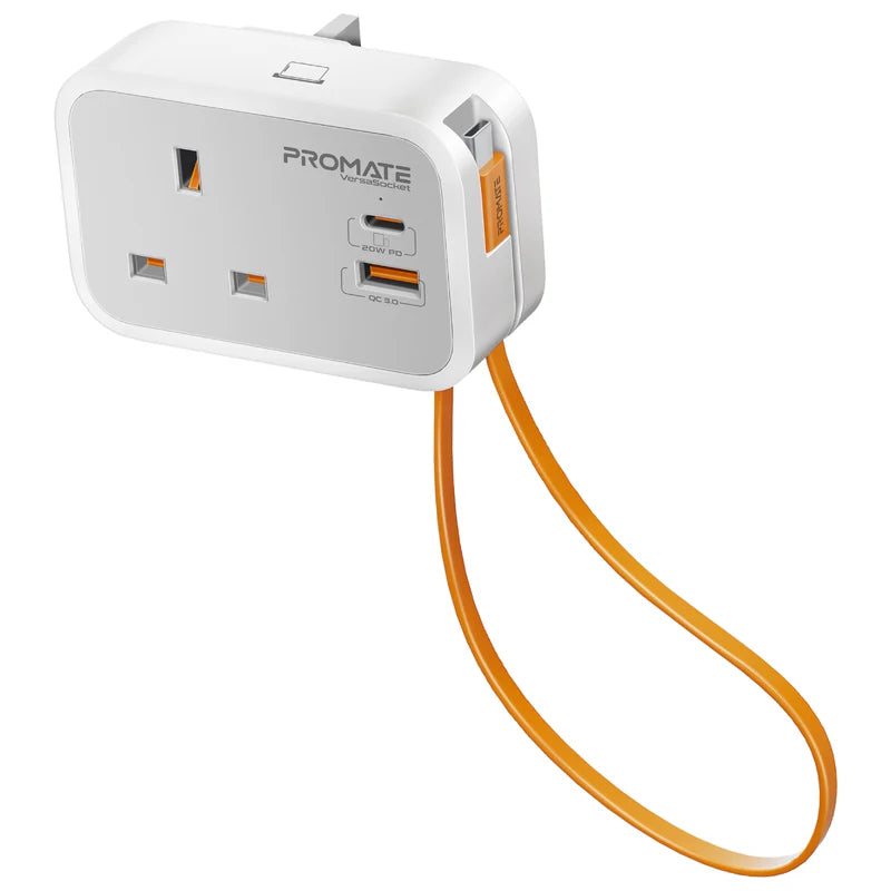 شاحن بروميت متعدد الوظائف بمقبس تيار متردد مع كابل USB-C PD مدمج بقوة 20 وات