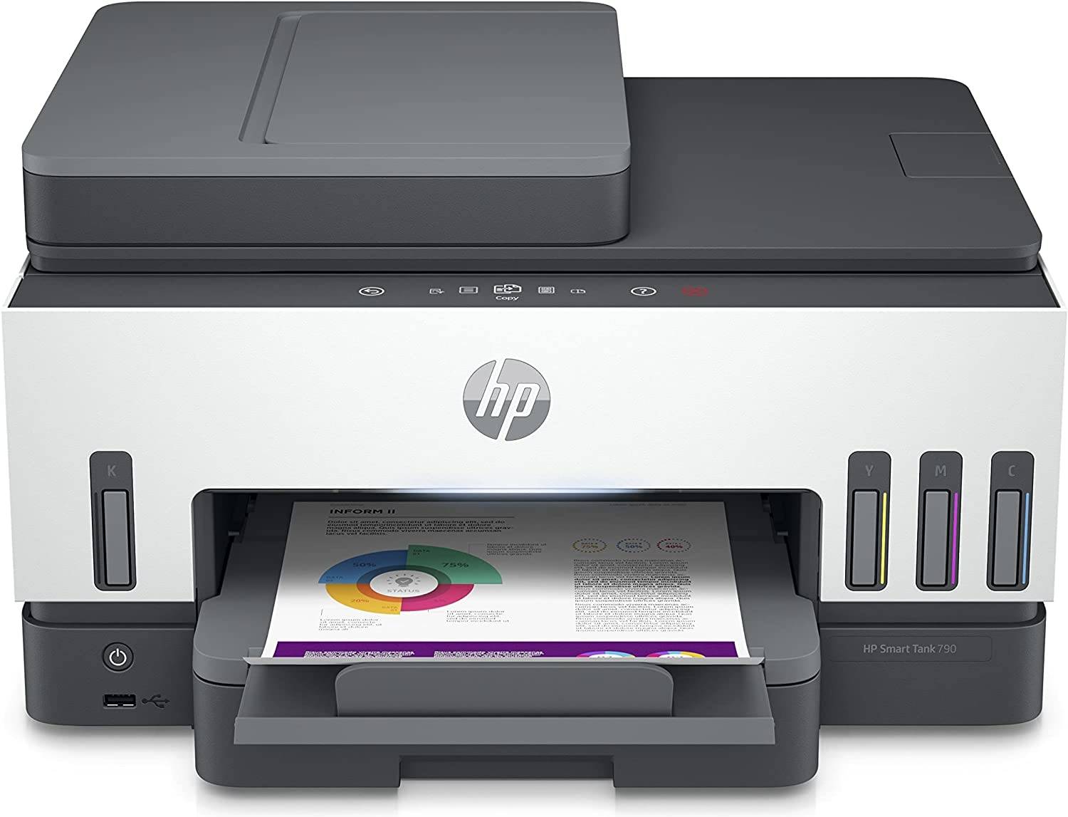 طابعة HP Smart Tank 790 الكل في واحد، طباعة مزدوجة تلقائية، وحدة تغذية تلقائية للمستندات ولوحة لمس سحرية، سرعة طباعة 23 صفحة في الدقيقة، USB وWiFi وBluetooth وLAN، طباعة متنقلة، سعة إخراج 100 ورقة، أبيض-رمادي