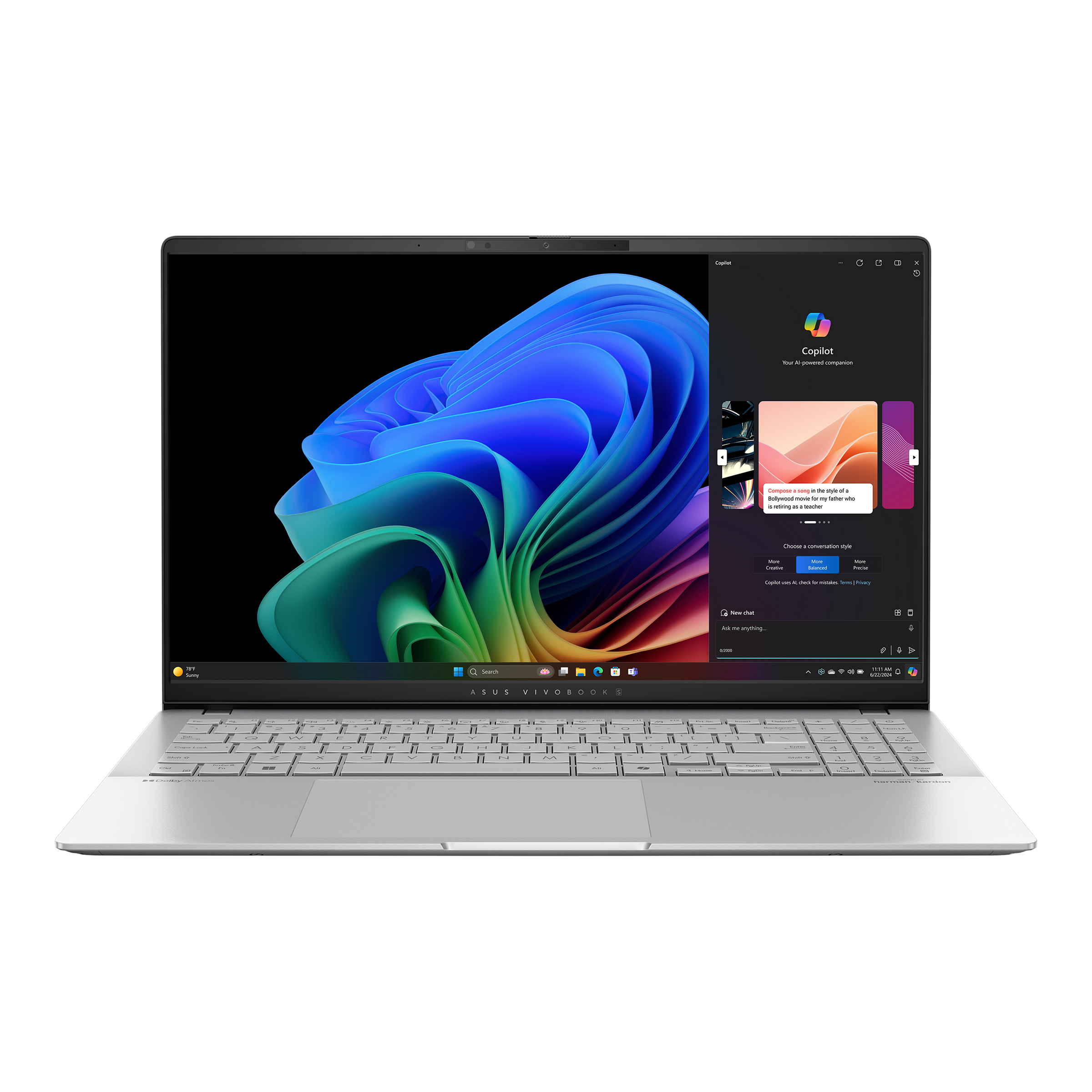لابتوب ASUS Vivobook S 15 K5507QA-MA048W Copilot بشاشة 15.6 بوصة ودقة 3K OLED ومعالج Snapdragon X Plus X1P 42 100 وذاكرة وصول عشوائي (RAM) سعة 16 جيجابايت ومحرك أقراص SSD سعة 1 تيرابايت ونظام تشغيل Windows 11 (فضي رائع)