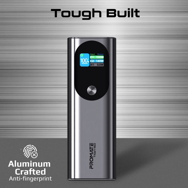 Promate 27600mAH Power Bank, Super-Slim 160W with Smart TFT LCD Display, Durable Metal Made, Over Charge Protection for USB-C™ and USB-A™ Devices.