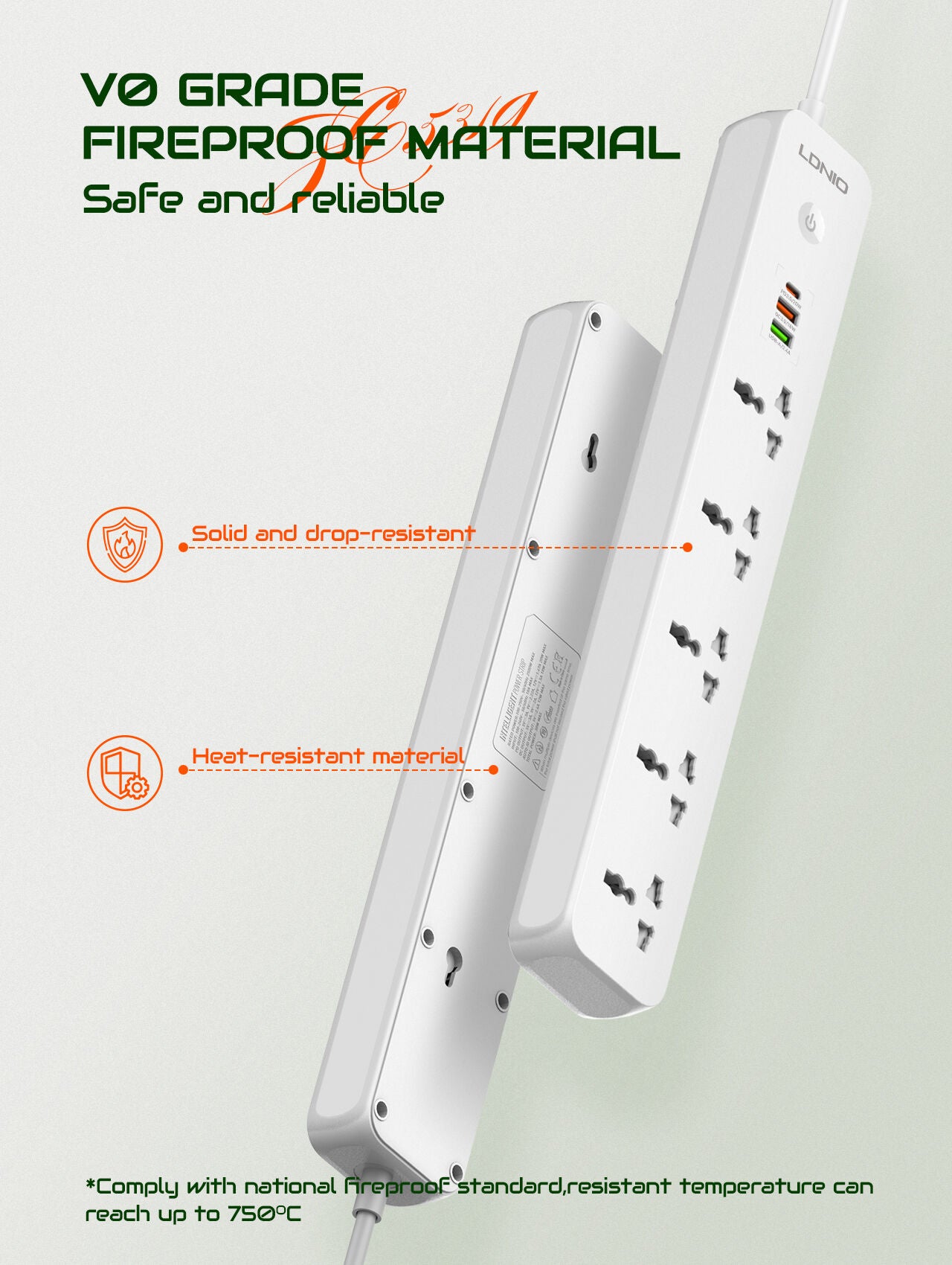 كابل تمديد متعدد المنافذ SC5319 من LDNIO مزود بـ 5 مقابس طاقة تيار متردد و3 منافذ USB بطول 2 متر