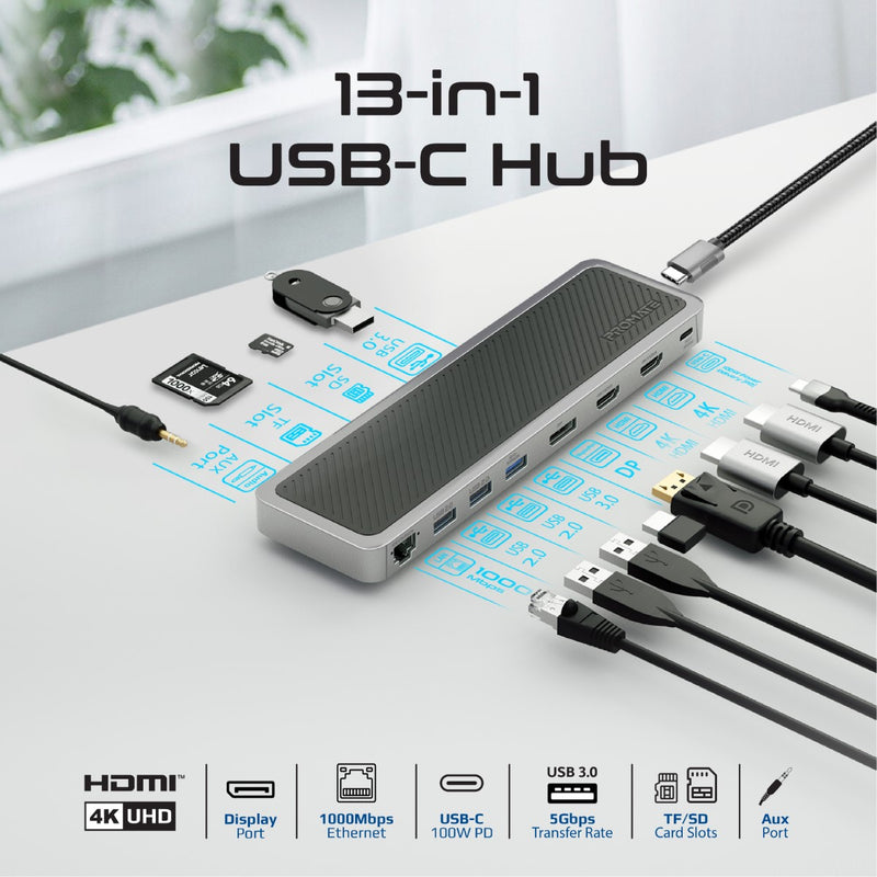 Promate 12-in-1 USB-C Hub • 2x4K HDMI • منفذ العرض • توصيل طاقة 100 واط • USB 3.0 وUSB 2.0 • 1000 ميجا بت في الثانية RJ45 • ApexHub-MST