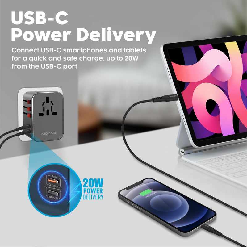 محول السفر العالمي Promate TripMate-36W – شحن سريع 20 واط USB-C PD، QC 3.0، 3 منافذ USB، دعم مقابس عالمية، حماية من زيادة التيار 8 أمبير