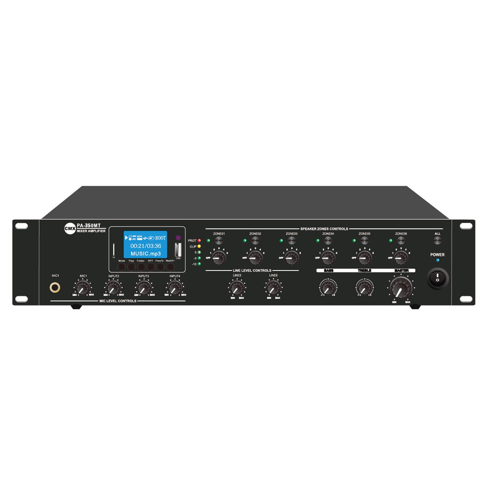 CMX 6 Zone 350W Mixer Amp with Mp3 & FM, USB & SD inputs, 4 Mic, 3 Aux, 70V/100V/4-16ohms