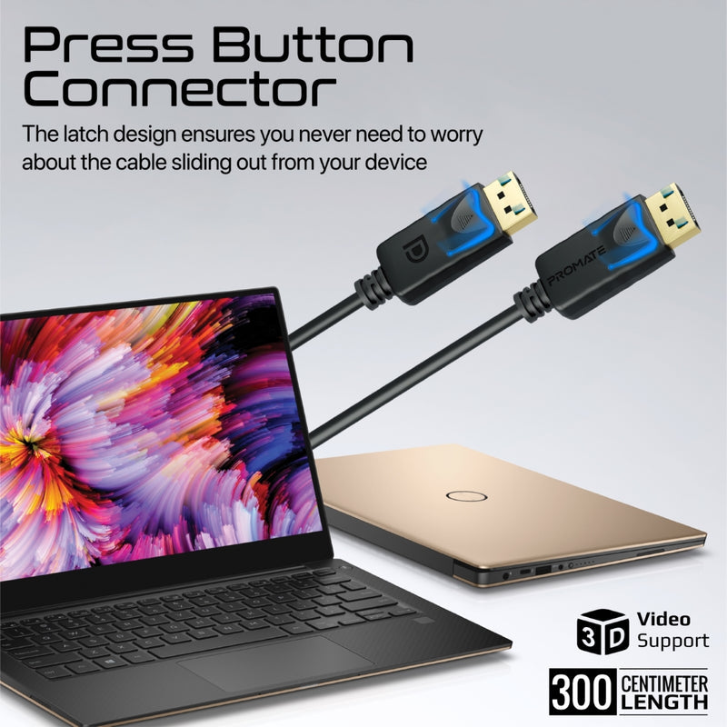 Promate 8K@60Hz DisplayPort Cable • DisplayPort 1.4 • 32.4Gbps Bandwidth • Dynamic HDR • 3m Length