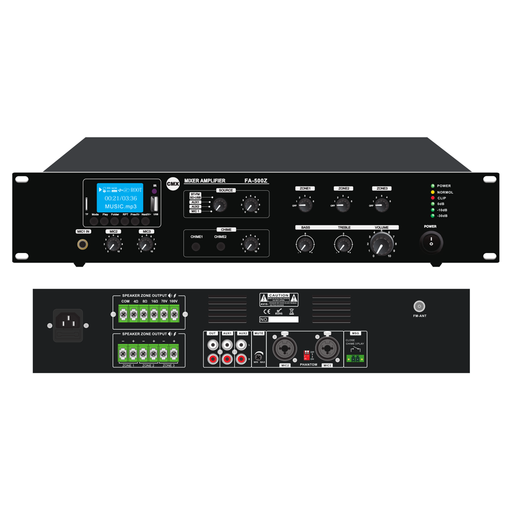 CMX 240W 3 Zone Mixer Amp مع Mp3، FM وبلوتوث، 3 ميكروفون، 2 Aux، 70V/100V/4-16ohms.