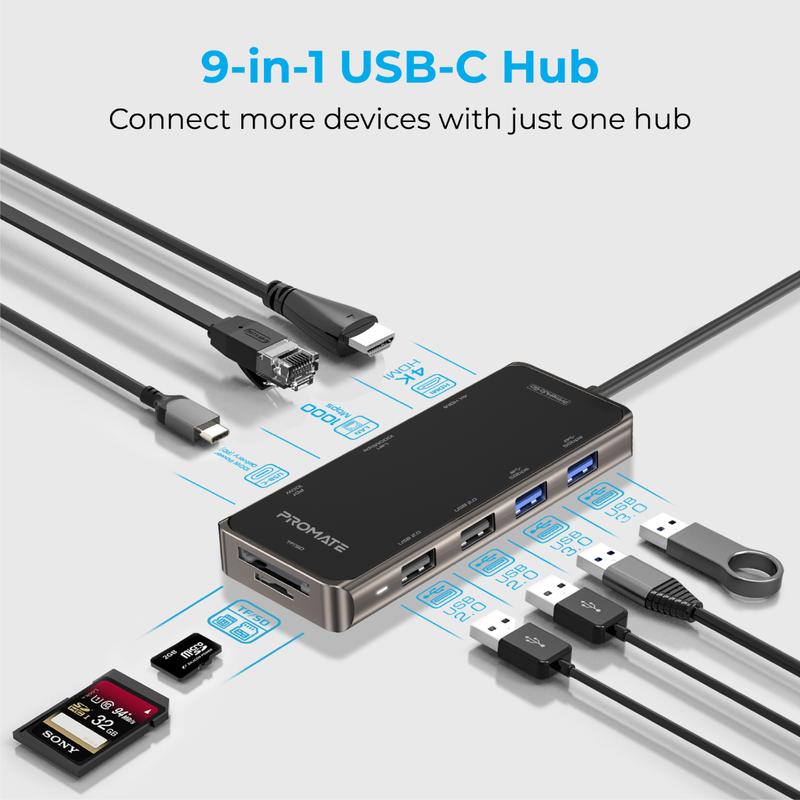 موزع بروميت 9 في 1 USB-C مع 100 واط PD 4K HDMI ومنفذ RJ45 وفتحة بطاقة TF/SD و4 منافذ USB